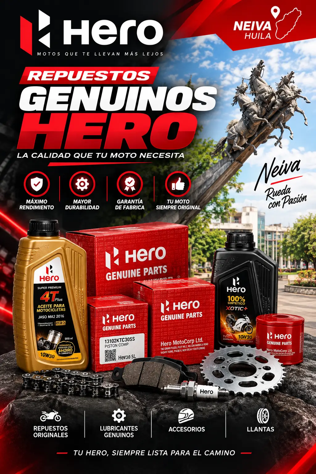 Repuestos Hero para motos en Neiva, repuestos genuinos Hero, lubricantes y llantas