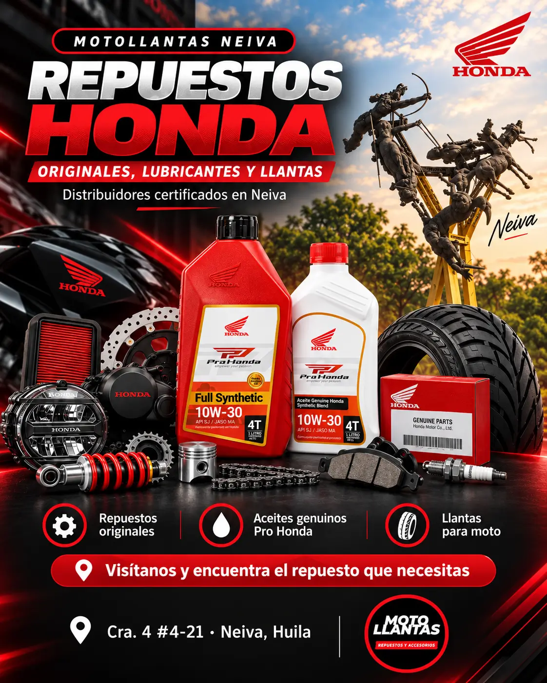 Repuestos Honda para motos en Neiva, productos originales Honda, lubricantes Pro Honda y llantas