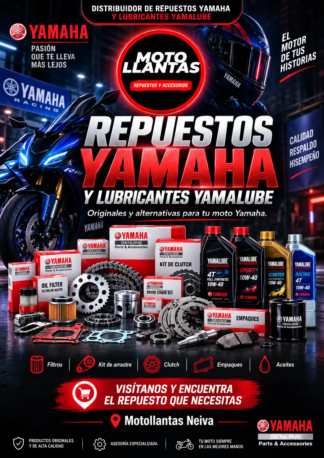 Repuestos originales Yamaha y lubricantes Yamalube en Motollantas Neiva