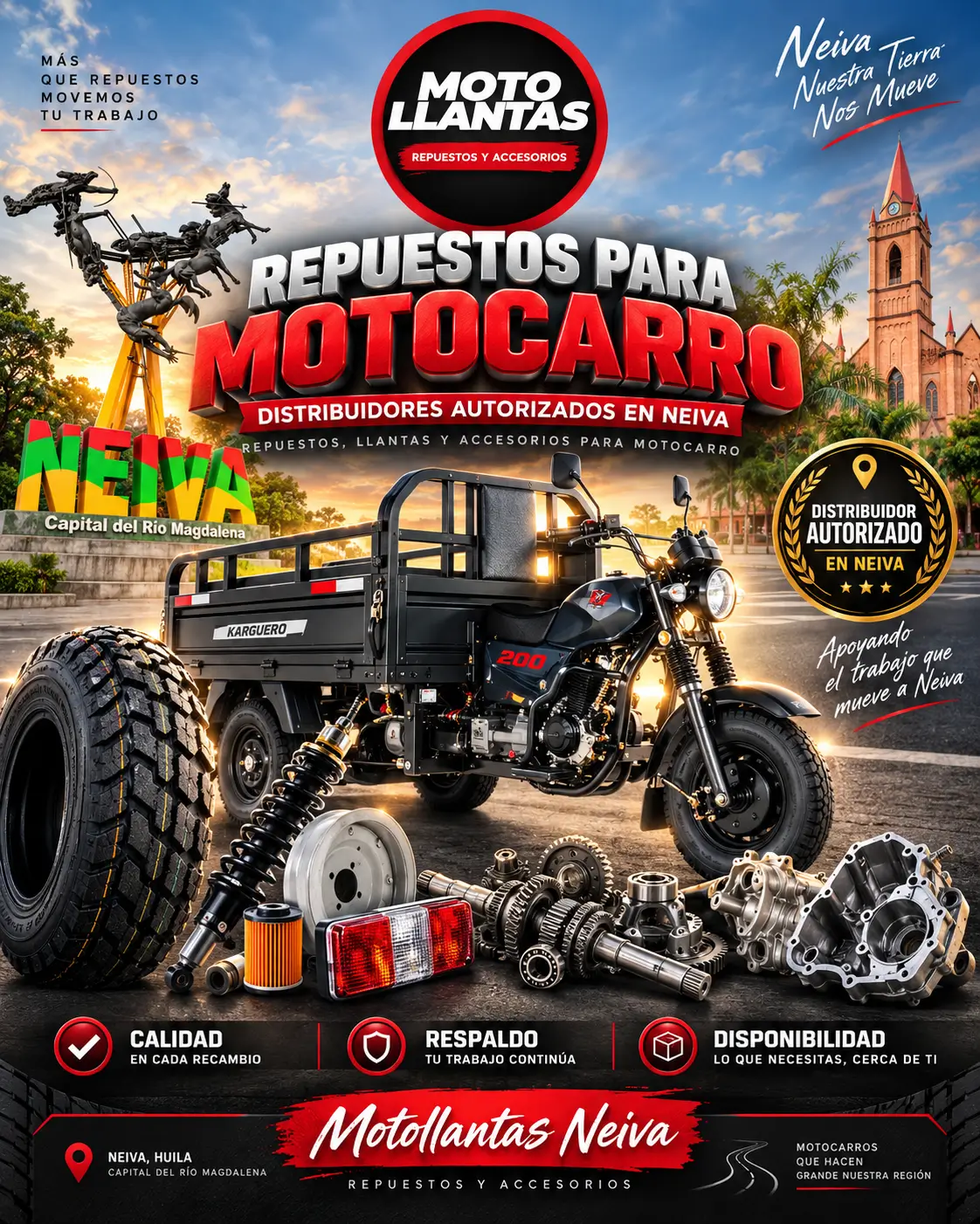 Venta de repuestos, llantas, aceites y lubricantes para motocarro en Neiva